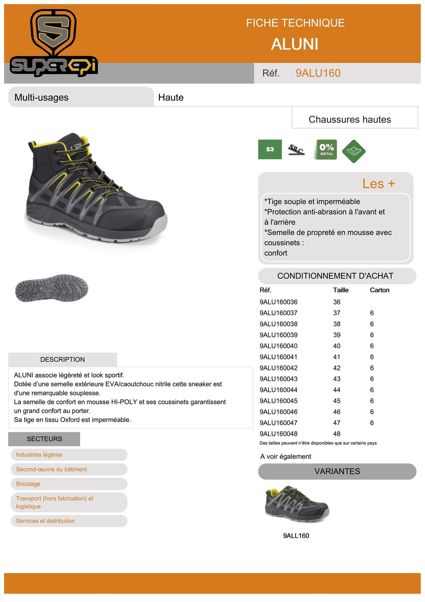 La chaussure de sécurité Aluni haute Oxford noire jaune S3 est un produit de qualité supérieure destiné à assurer une protection optimale aux pieds des professionnels exerçant dans différents secteurs industriels. Cette sneaker allie style et légèreté grâce à sa semelle extérieure en EVA/caoutchouc nitrile et sa tige en tissu Oxford imperméable.