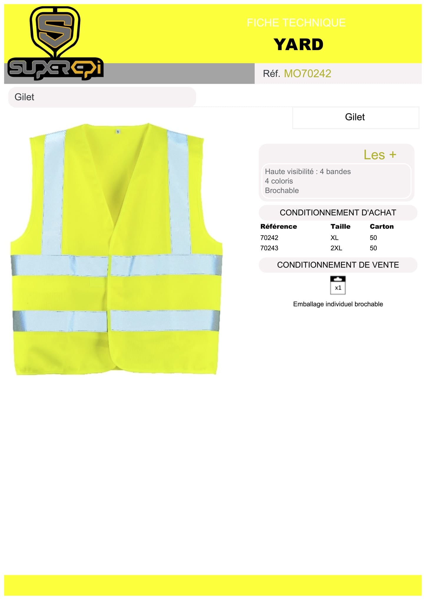 Le gilet de sécurité Yard HV est un équipement de protection individuelle (EPI) indispensable pour les travailleurs qui évoluent dans des environnements à risques. Le gilet est de couleur jaune fluo avec des bandes réfléchissantes pour une visibilité maximale en toutes circonstances.