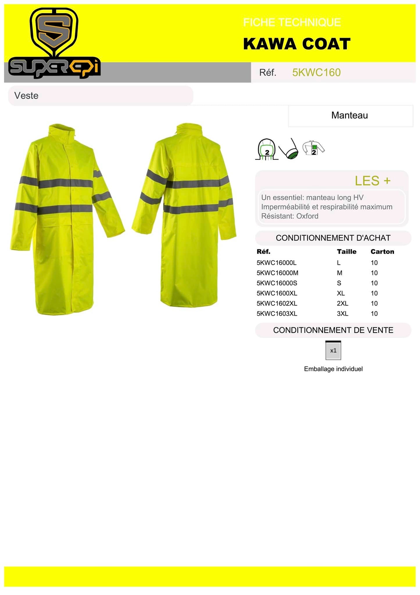 Le manteau de pluie Kawa Coat Jaune HV de SuperEpi est une excellente option pour les travailleurs en extérieur qui ont besoin d'une visibilité accrue dans des conditions de faible luminosité ou par temps de pluie. Fabriqué à partir de matériaux de haute qualité, ce manteau de pluie offre une protection imperméable complète contre la pluie et les intempéries.