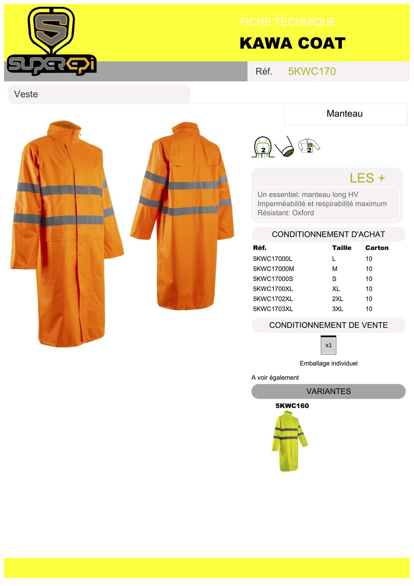 Le manteau de pluie Kawa Coat Orange HV de SuperEpi est l'équipement parfait pour les travailleurs qui cherchent une protection complète contre la pluie et une visibilité accrue sur les chantiers ou sur les routes. Fabriqué à partir de matériaux de haute qualité, ce manteau de pluie offre une protection imperméable complète contre la pluie et les intempéries.