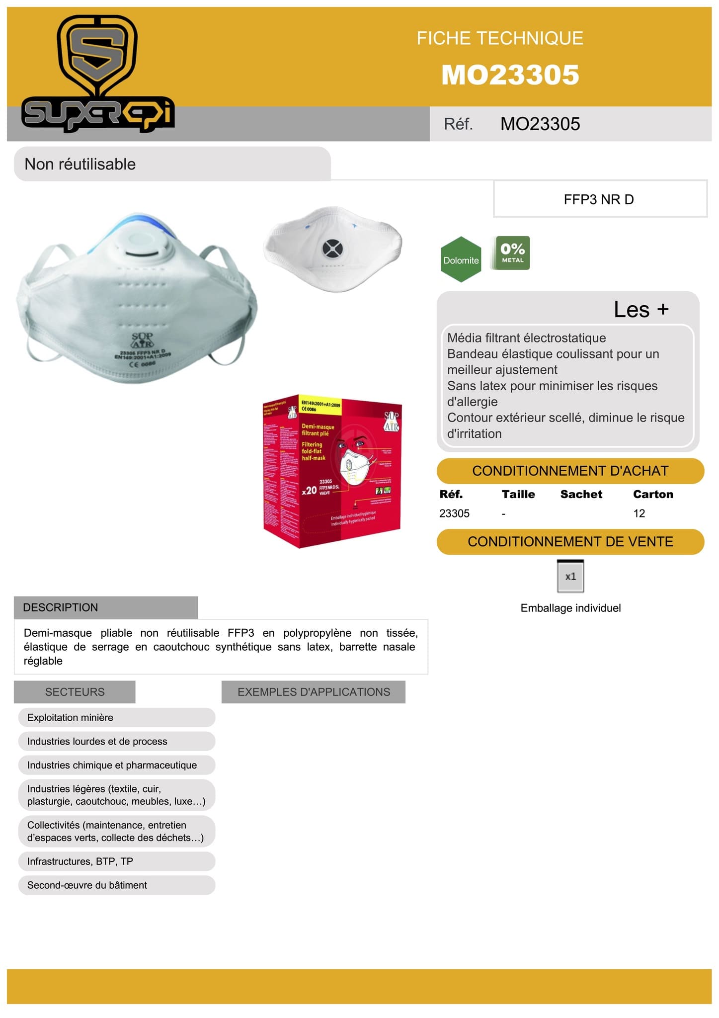 Le Demi-masque Respiratoire FFP3 Pack de 240 est un équipement de protection individuelle (EPI) pliable et facile à ranger. Fabriqué en polypropylène non tissé, il assure une filtration efficace des particules et des aérosols. Équipé d'un élastique de serrage en caoutchouc synthétique sans latex et d'une barrette nasale réglable, ce masque assure un ajustement parfait sur le visage.