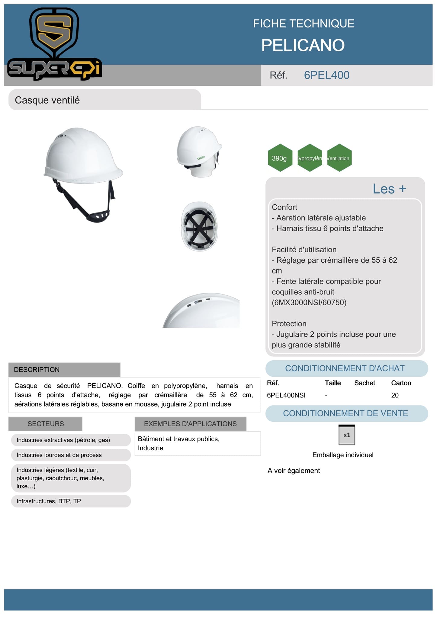 Le pack de 20 casques de chantier PELICANO est un choix idéal pour les entreprises travaillant dans les secteurs de la construction, du bricolage, des infrastructures et des industries légères. Ce casque de sécurité blanc est équipé d'un harnais en tissu à 6 points d'attache et d'un réglage par crémaillère de 55 à 62 cm pour assurer un ajustement parfait. Les aérations latérales réglables permettent une ventilation personnalisée, tandis que la jugulaire à 2 points incluse offre une plus grande stabilité.