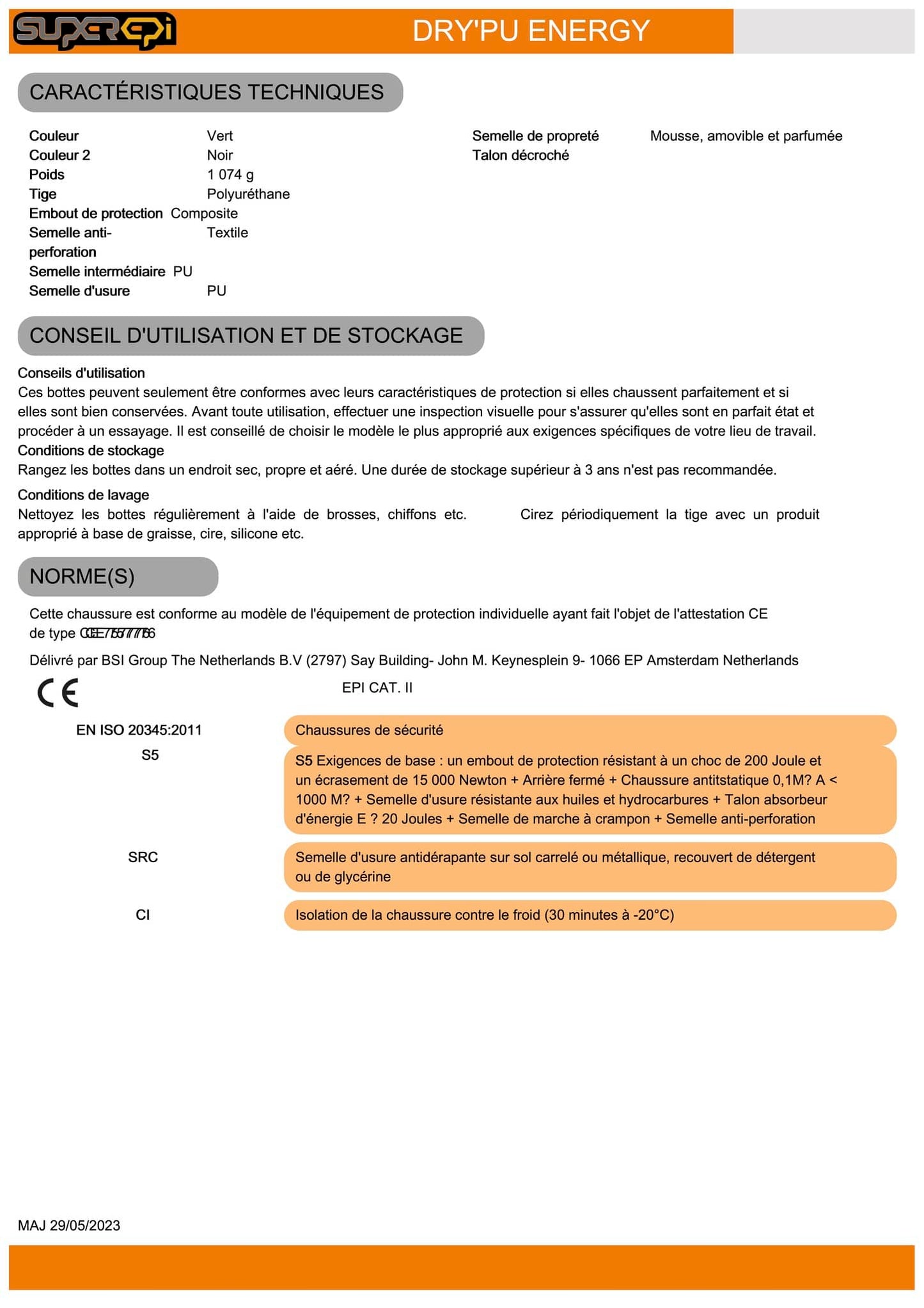 La botte de sécurité DRY'PU ENERGY POLYURÉTHANE (PU) VERT S5 est un modèle haut de gamme conçu pour offrir une protection optimale dans des environnements de travail exigeants. Cette botte est dotée d'un embout de protection en composite et d'une semelle intercalaire en textile pour protéger vos pieds contre les chocs et la pénétration. Sa semelle extérieure en PU est renforcée par un insert TPU pour une meilleure résistance à l'usure.