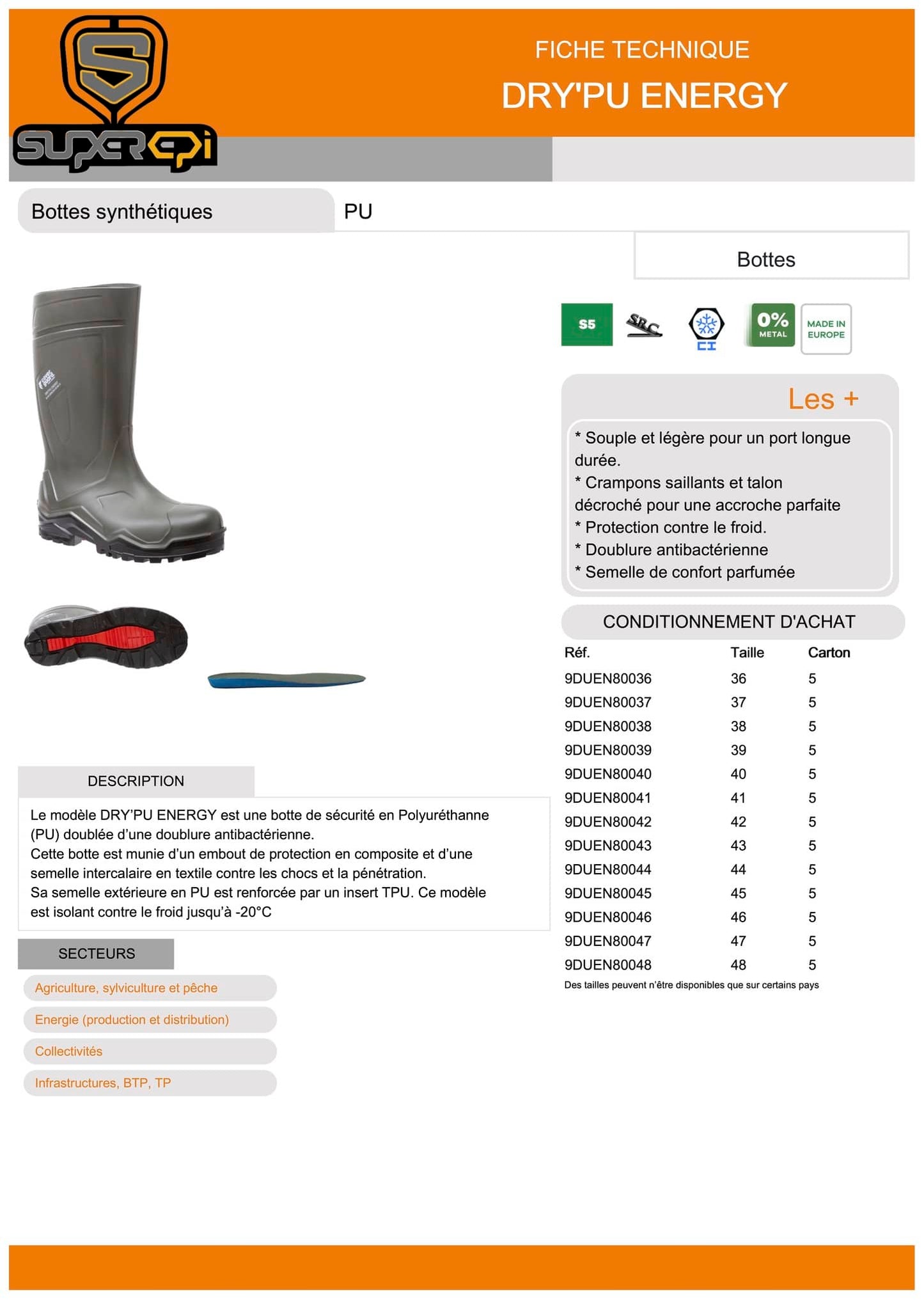 La botte de sécurité DRY'PU ENERGY POLYURÉTHANE (PU) VERT S5 est un modèle haut de gamme conçu pour offrir une protection optimale dans des environnements de travail exigeants. Cette botte est dotée d'un embout de protection en composite et d'une semelle intercalaire en textile pour protéger vos pieds contre les chocs et la pénétration. Sa semelle extérieure en PU est renforcée par un insert TPU pour une meilleure résistance à l'usure.