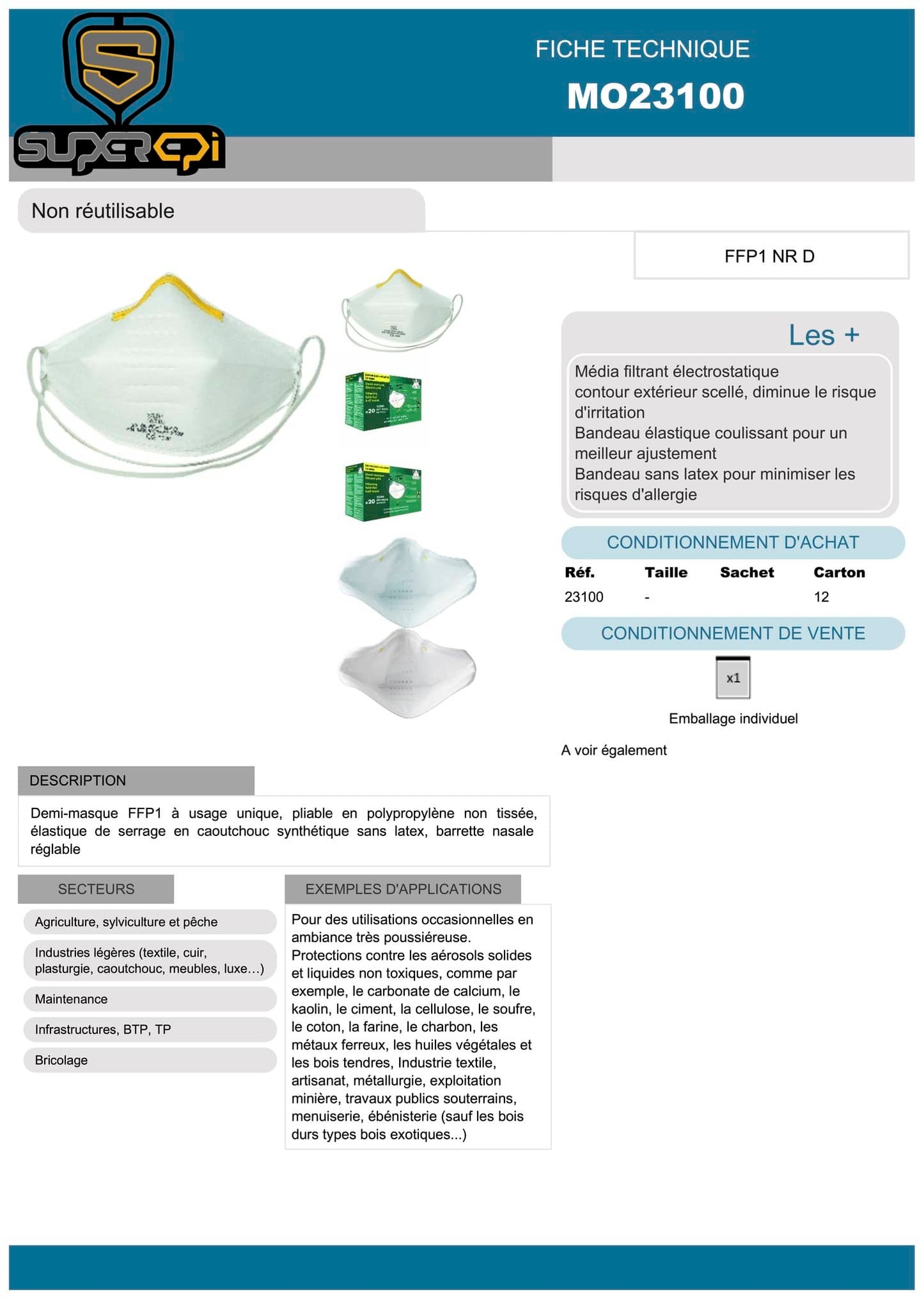 Le demi-masque respiratoire FFP1 est un équipement de protection individuelle (EPI) à usage unique, pliable et facile à ranger. Il est fabriqué en polypropylène non tissée pour assurer une filtration efficace des particules et des aérosols. Le masque est équipé d'un élastique de serrage en caoutchouc synthétique sans latex et d'une barrette nasale réglable pour assurer un ajustement parfait sur le visage.