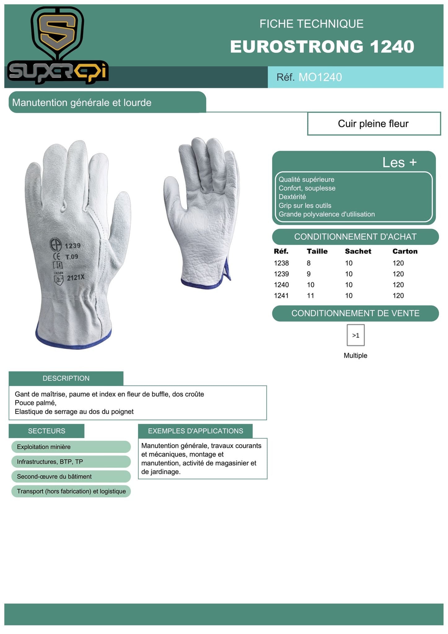 Le pack de 120 gants Eurostrong 1240 est un choix de qualité supérieure pour ceux qui ont besoin de gants de travail fiables et résistants. Fabriqués à partir de cuir de vachette de première qualité, ces gants offrent une résistance accrue à l'abrasion et aux coupures, ainsi qu'une protection accrue contre les éclats de métal et autres dangers potentiels sur le lieu de travail.