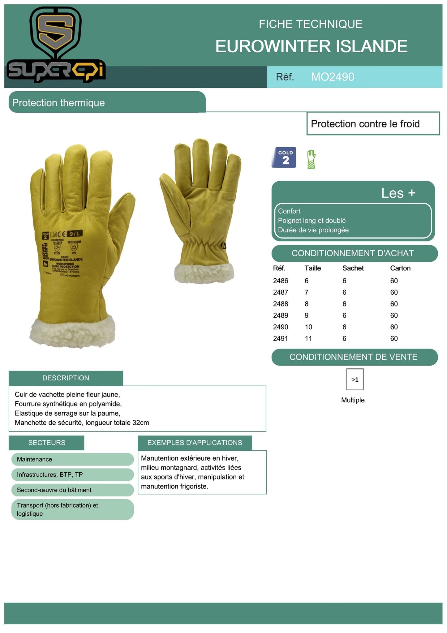 Le pack de 6 gants Eurowinter Islande est parfait pour ceux qui travaillent dans des environnements froids et nécessitent une protection thermique fiable. Ces gants sont fabriqués en cuir de vachette pleine fleur jaune de haute qualité, associé à une fourrure synthétique en polyamide pour offrir une isolation supplémentaire.