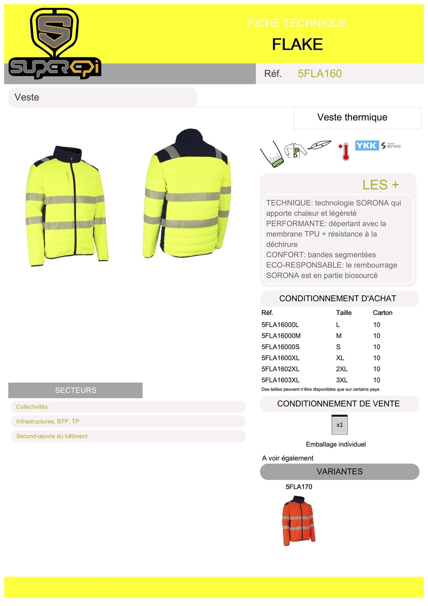 Restez au chaud et au sec lors de vos travaux en extérieur avec la veste thermique FLAKE. Conçue avec une technologie SORONA qui offre chaleur et légèreté, cette veste est également performante grâce à sa membrane TPU déperlante et sa résistance à la déchirure. Les bandes segmentées offrent un confort optimal, tandis que le rembourrage SORONA en partie biosourcé est éco-responsable.