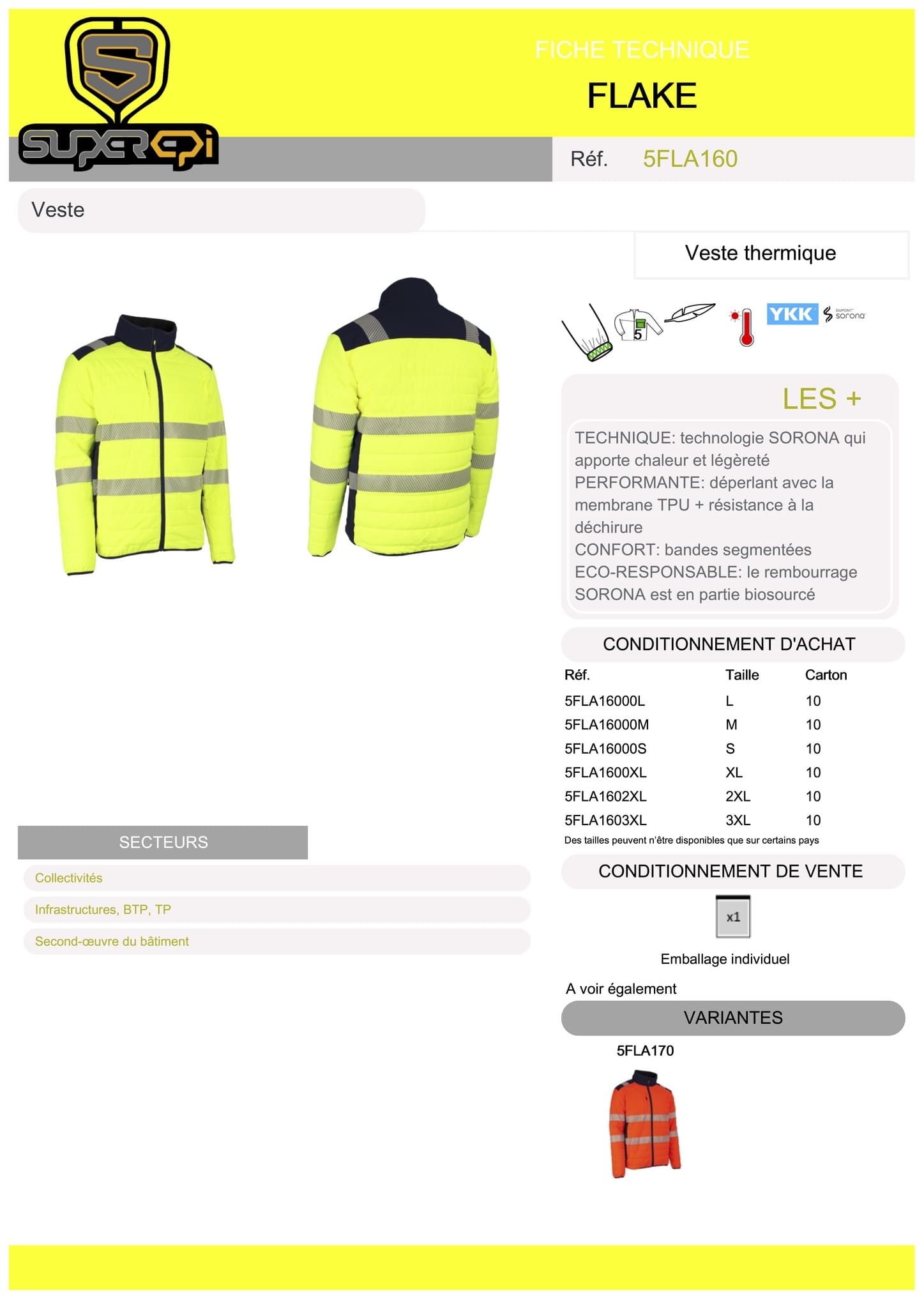 Restez au chaud et au sec lors de vos travaux en extérieur avec la veste thermique FLAKE. Conçue avec une technologie SORONA qui offre chaleur et légèreté, cette veste est également performante grâce à sa membrane TPU déperlante et sa résistance à la déchirure. Les bandes segmentées offrent un confort optimal, tandis que le rembourrage SORONA en partie biosourcé est éco-responsable.