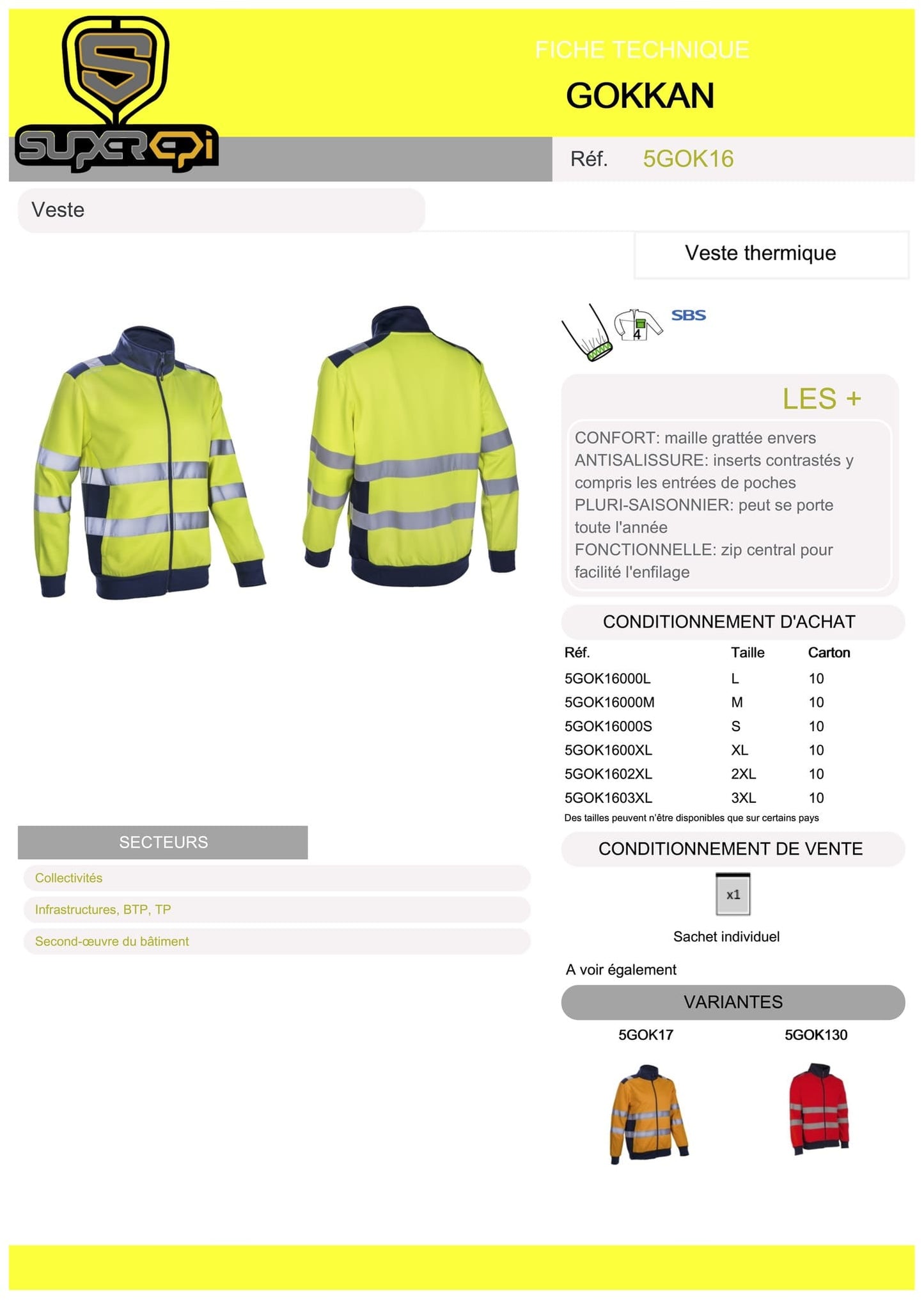 La veste thermique Gokkan jaune HV proposée par Superepi est un choix idéal pour les personnes qui cherchent une veste chaude, résistante et haute visibilité. Cette veste est fabriquée à partir de matériaux de qualité supérieure pour offrir une durabilité et un confort exceptionnels.