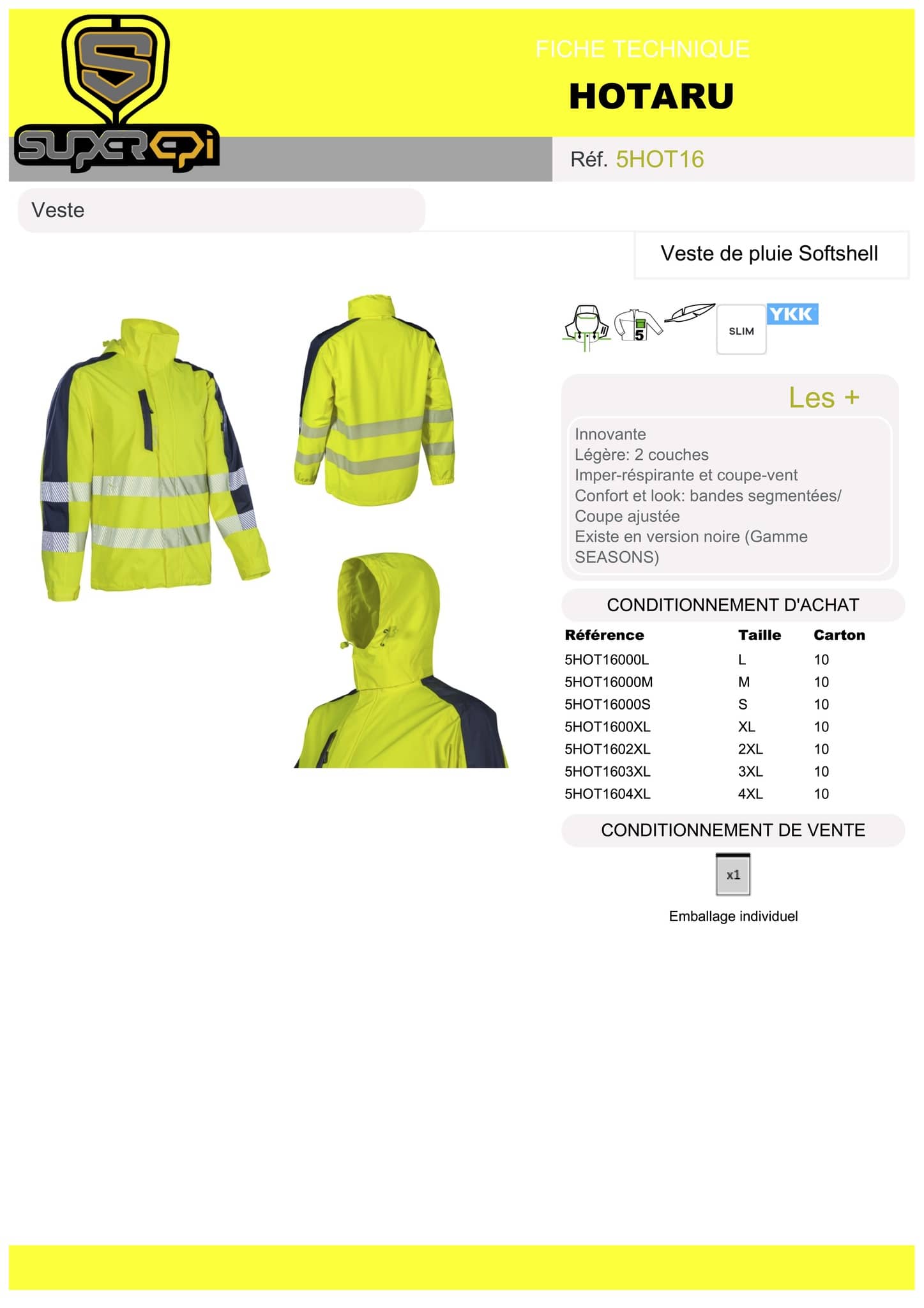 La veste de pluie Softshell Hotaru proposée par Superepi.fr est un produit de qualité supérieure conçu pour offrir une protection optimale contre les intempéries. Cette veste est fabriquée à partir de 100% PES stretch mécanique et est équipée d'une membrane de 100g/m2 ainsi qu'une doublure en mesh pour offrir une excellente protection contre la pluie et le vent.