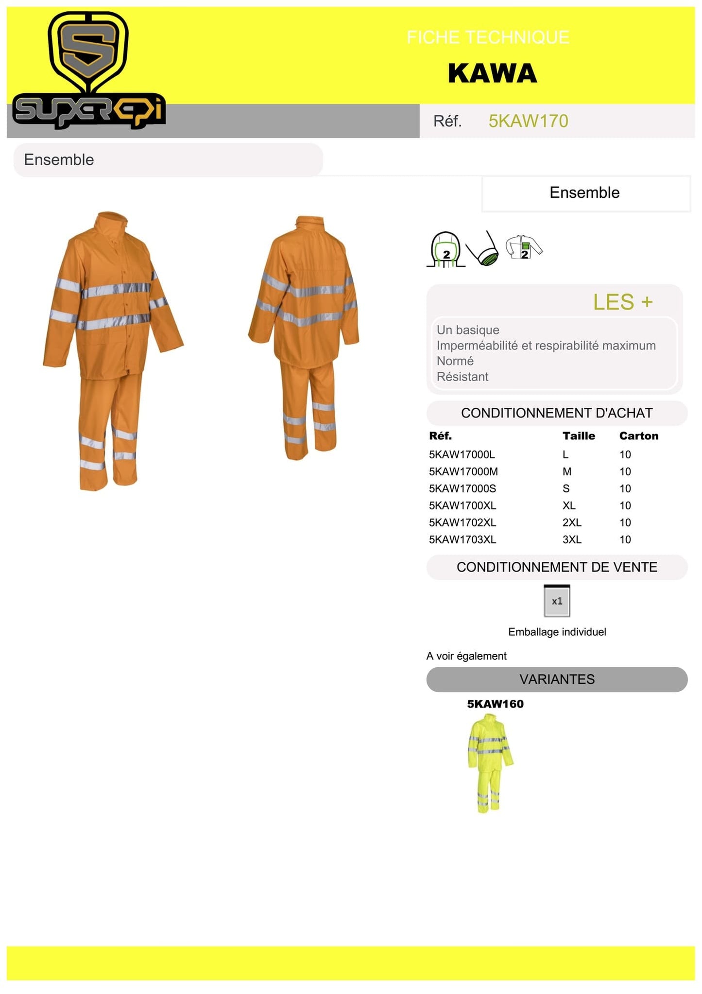 L'ensemble de pluie KAWA en couleur Orange HV est le choix idéal pour les professionnels qui travaillent dans des conditions météorologiques difficiles. Fabriqué à partir de 100% de polyester enduit Polyuréthane de 150D Oxford avec une doublure en PU de 140g/m2, cet ensemble offre une protection maximale contre la pluie tout en restant respirant pour un confort optimal.