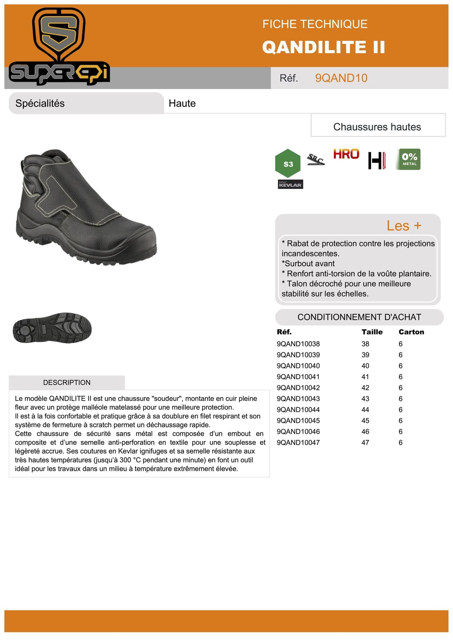 Les chaussures de sécurité QANDILITE II soudeur sont la solution parfaite pour les professionnels qui cherchent une chaussure confortable, pratique et protégeant contre les risques spécifiques de leur métier. La chaussure soudeur est montante, fabriquée en cuir pleine fleur avec un protège malléole matelassé pour une meilleure protection. Sa doublure en filet respirant et son système de fermeture à scratch facilitent le déchaussage. 