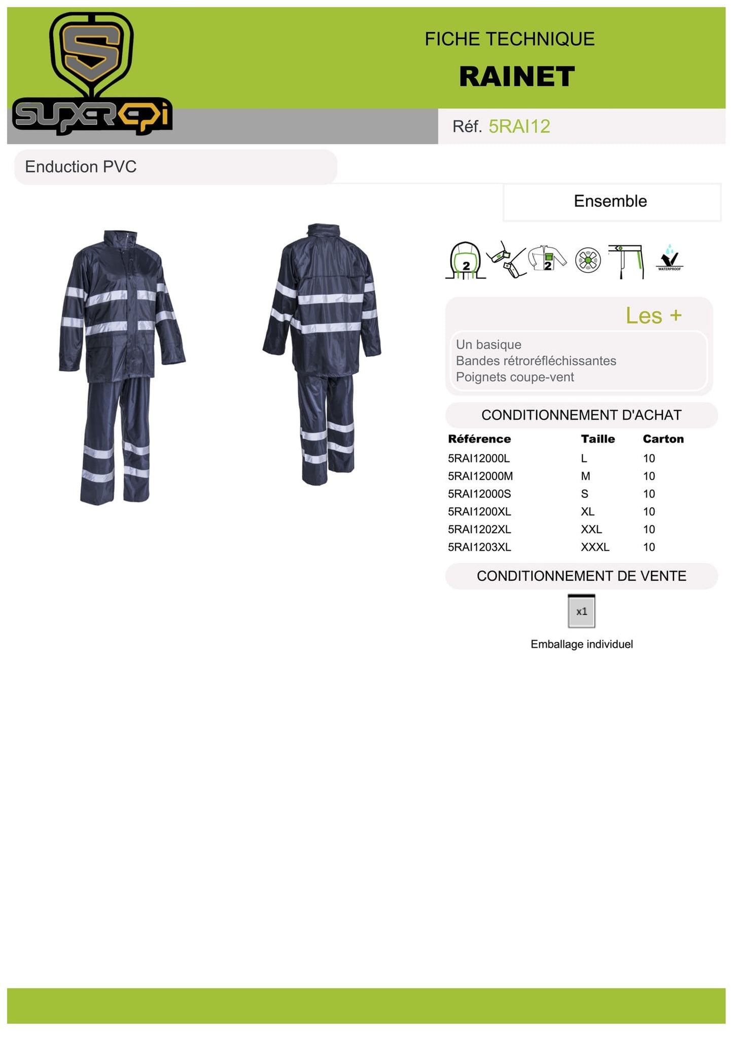 L'ensemble de pluie Rainet est un choix idéal pour rester au sec et confortable lors de journées pluvieuses. Fabriqué à partir de 100% polyester enduit PVC souple de 200g/m2, il offre une protection imperméable contre les intempéries.