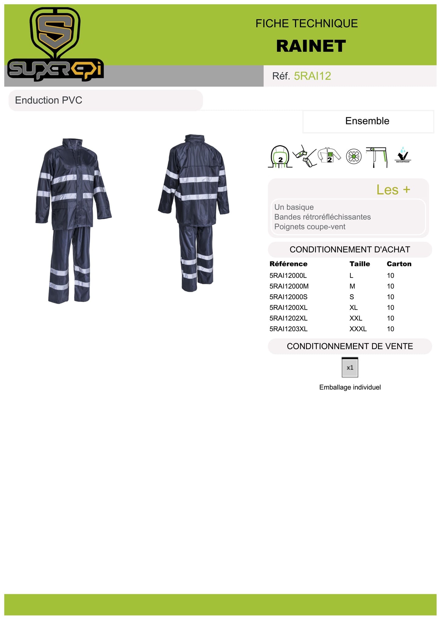 L'ensemble de pluie Rainet est un choix idéal pour rester au sec et confortable lors de journées pluvieuses. Fabriqué à partir de 100% polyester enduit PVC souple de 200g/m2, il offre une protection imperméable contre les intempéries.