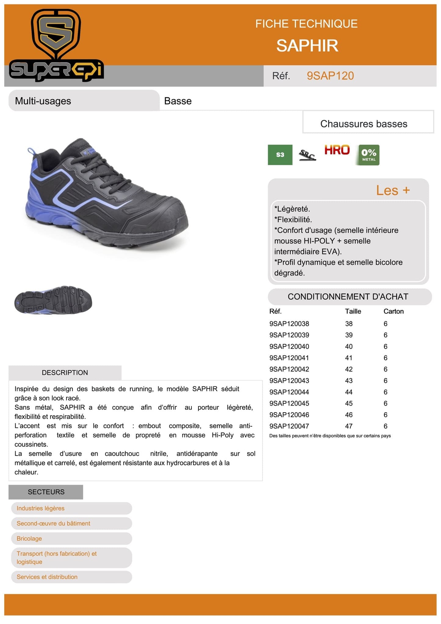 Les chaussures de sécurité SAPHIR offrent une protection optimale tout en étant élégantes et confortables. Elles sont idéales pour les professionnels travaillant dans des secteurs tels que le bricolage, les industries légères, le second-œuvre du bâtiment, la distribution et la logistique. Le design moderne et dynamique de ces chaussures en fait également un choix populaire pour ceux qui cherchent des chaussures de sécurité de haute qualité avec un style tendance.