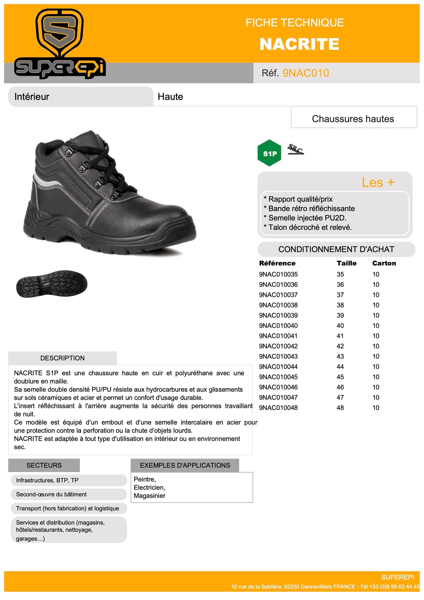 Notre chaussure de sécurité montante en cuir est conçue pour offrir une protection optimale et un confort durable dans une variété de situations professionnelles. Fabriquée à partir de cuir de haute qualité, elle est résistante à l'eau et à l'abrasion, et offre une excellente durabilité.