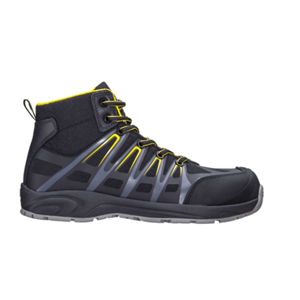 La chaussure de sécurité Aluni haute Oxford noire jaune S3 est un produit de qualité supérieure destiné à assurer une protection optimale aux pieds des professionnels exerçant dans différents secteurs industriels. Cette sneaker allie style et légèreté grâce à sa semelle extérieure en EVA/caoutchouc nitrile et sa tige en tissu Oxford imperméable.