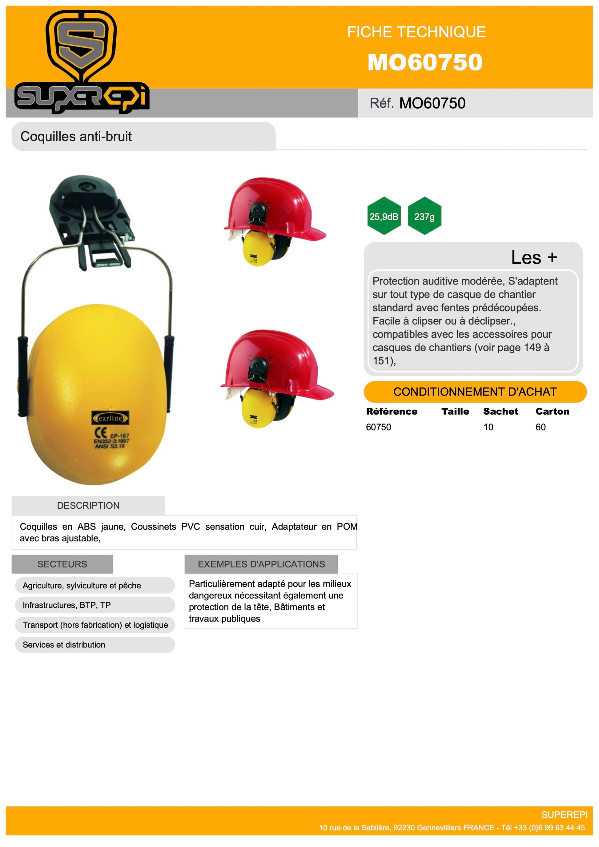 Découvrez nos coquilles anti-bruit en ABS jaune, dotées de coussinets en PVC sensation cuir pour un confort optimal. Avec leur adaptateur en POM et bras ajustable, ces coquilles s'adaptent à tout type de casque de chantier standard grâce à leurs fentes prédécoupées. Faciles à clipser et à déclipser, elles sont également compatibles avec les casques de chantiers. 