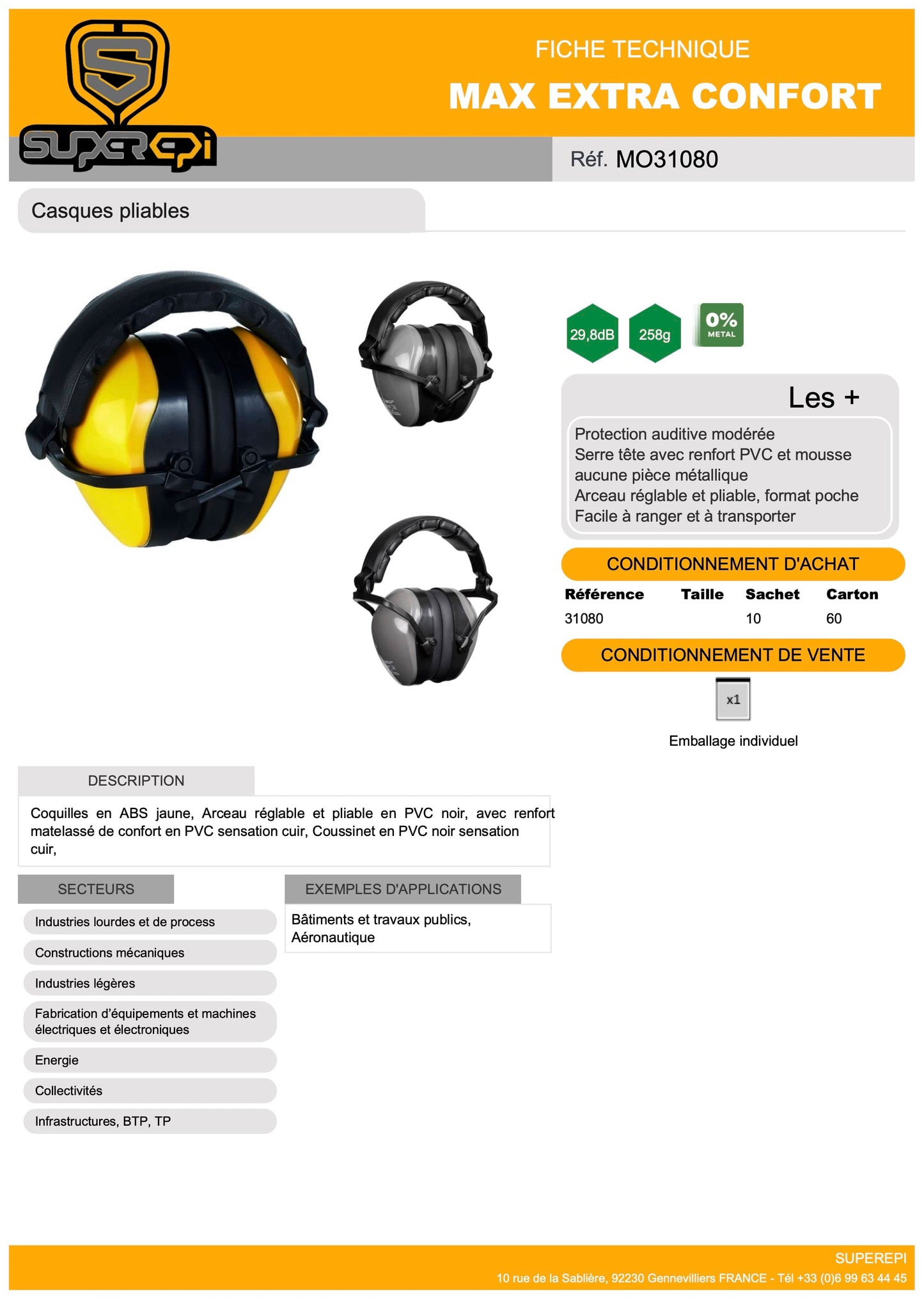 Découvrez le casque anti-bruit MAX EXTRA CONFORT pour une protection auditive modérée. Conçu avec des coquilles en ABS, un arceau réglable et pliable en PVC noir avec renfort matelassé en PVC sensation cuir, ainsi qu'un coussinet en PVC noir sensation cuir. 