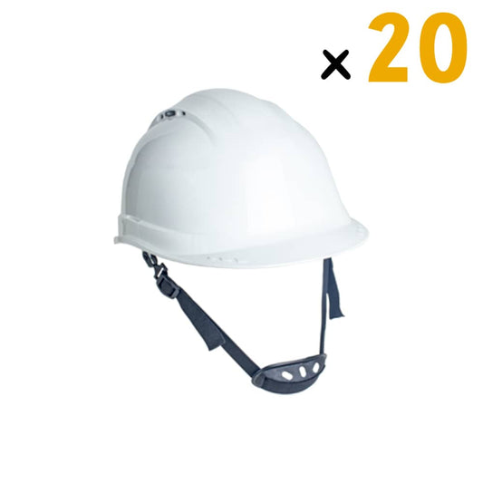 Le pack de 20 casques de chantier PELICANO est un choix idéal pour les entreprises travaillant dans les secteurs de la construction, du bricolage, des infrastructures et des industries légères. Ce casque de sécurité blanc est équipé d'un harnais en tissu à 6 points d'attache et d'un réglage par crémaillère de 55 à 62 cm pour assurer un ajustement parfait. Les aérations latérales réglables permettent une ventilation personnalisée, tandis que la jugulaire à 2 points incluse offre une plus grande stabilité.