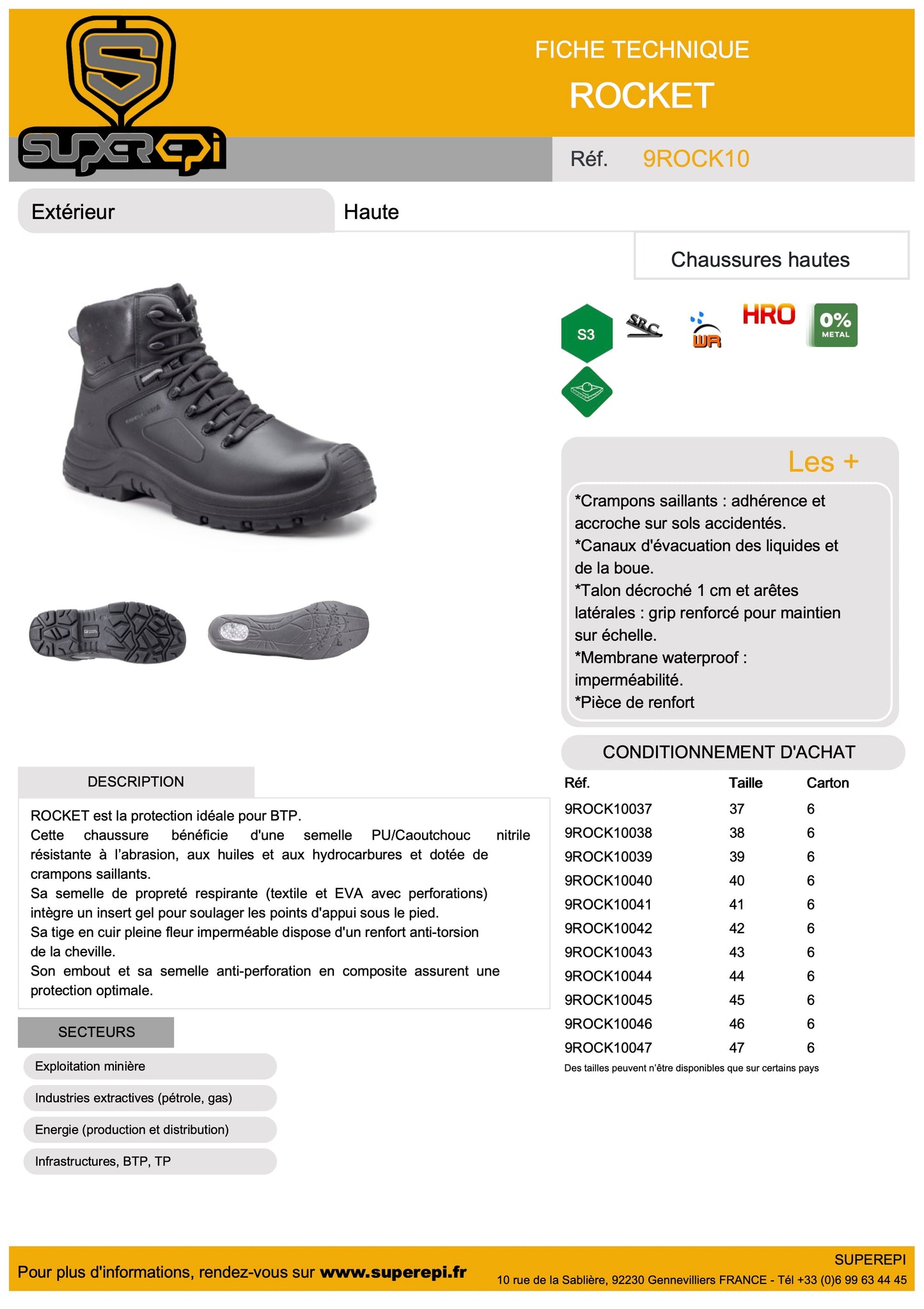 Notre chaussure de sécurité Rocket haute en cuir pleine fleur noire est conçue pour offrir une protection optimale et un confort durable dans les environnements de travail les plus exigeants. Fabriquée à partir de cuir de haute qualité, elle est résistante à l'eau et à l'abrasion, et offre une excellente durabilité.