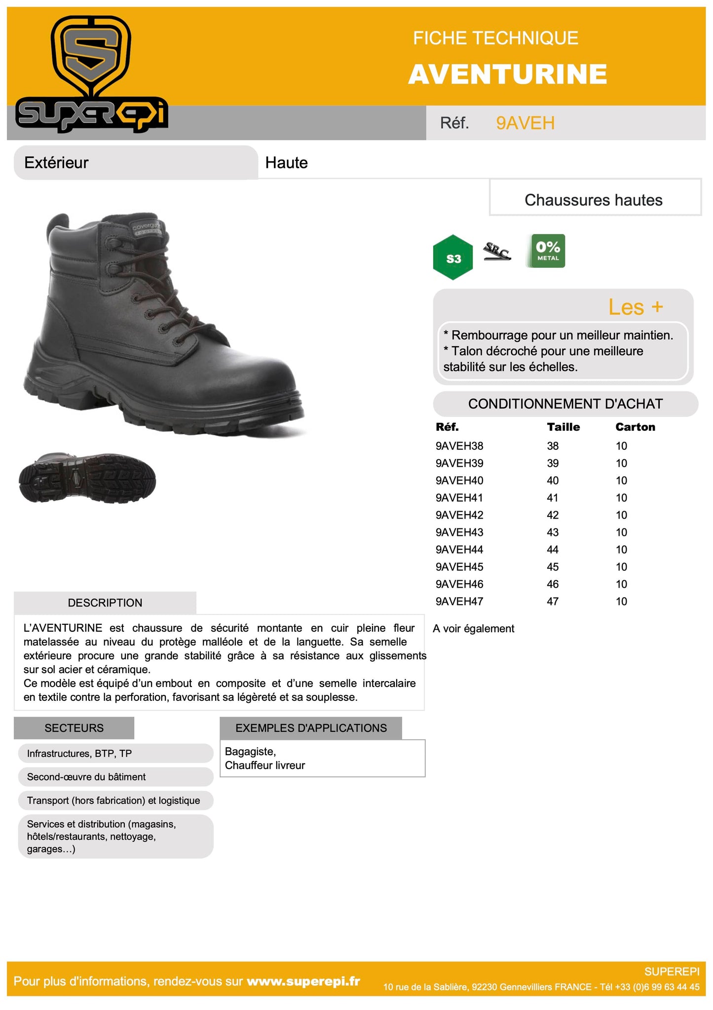 Notre chaussure de sécurité Aventurine haute noire en cuir est conçue pour offrir une protection optimale et un confort durable dans les environnements de travail les plus exigeants. Fabriquée à partir de cuir de haute qualité, elle est résistante à l'eau et à l'abrasion, et offre une excellente durabilité.