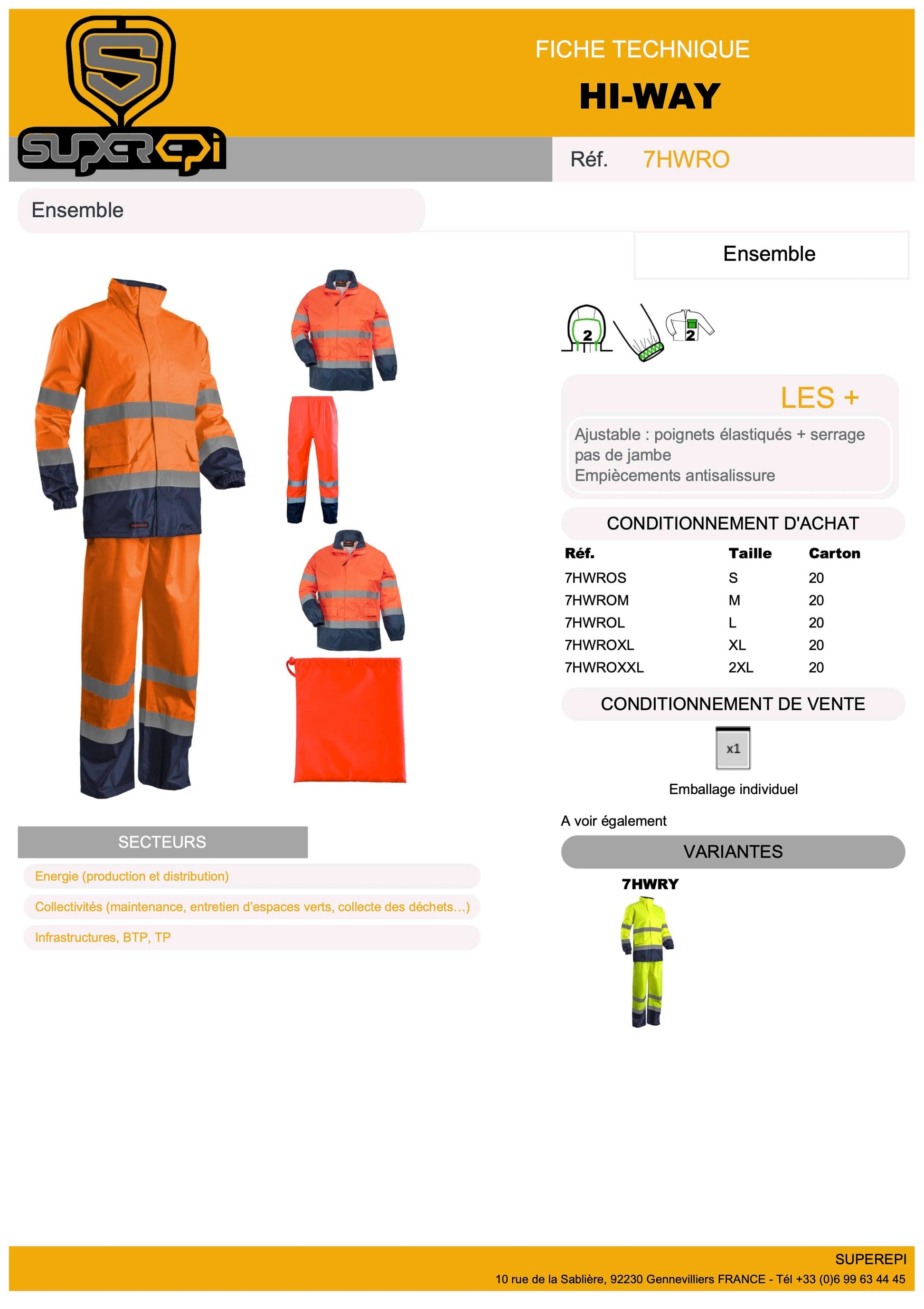 Cet ensemble de pluie Hi-Way haute visibilité est un équipement essentiel pour les travailleurs industriels qui travaillent dans des conditions météorologiques difficiles. L'extérieur est en polyester 150D oxford respirant enduit PU, fluorescent pour une visibilité accrue, tandis que l'intérieur est en polyester 150D oxford respirant de couleur sombre pour éviter les taches de saleté. 