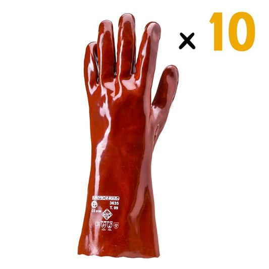 Le pack de 10 Gants Eurochem 3636 est un choix de qualité pour ceux qui recherchent confort, port continu et durabilité dans leurs gants de protection chimique. Fabriqués à partir de tissu interlock 100% coton coupé et cousu, ces gants sont enduits totalement de PVC rouge pour une protection optimale.