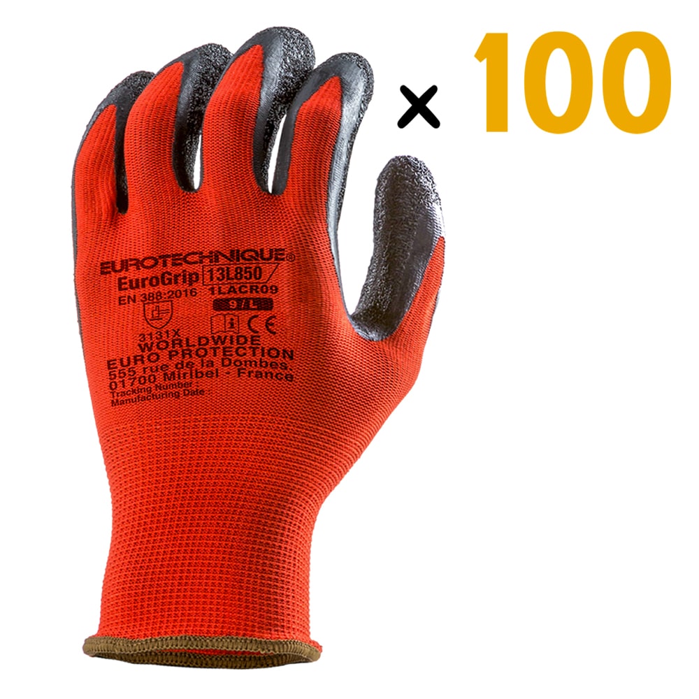 Protégez vos mains tout en gardant votre dextérité avec les Gants EUROLITE 13L850. Le tricot rouge sans couture en polyester de jauge 13 assure un ajustement confortable et précis. La finition adhérisée de la paume de l'enduction palmaire en latex noir assure un excellent grip en milieu humide, tandis que la dextérité est préservée grâce à l'enduction en latex crêpé.