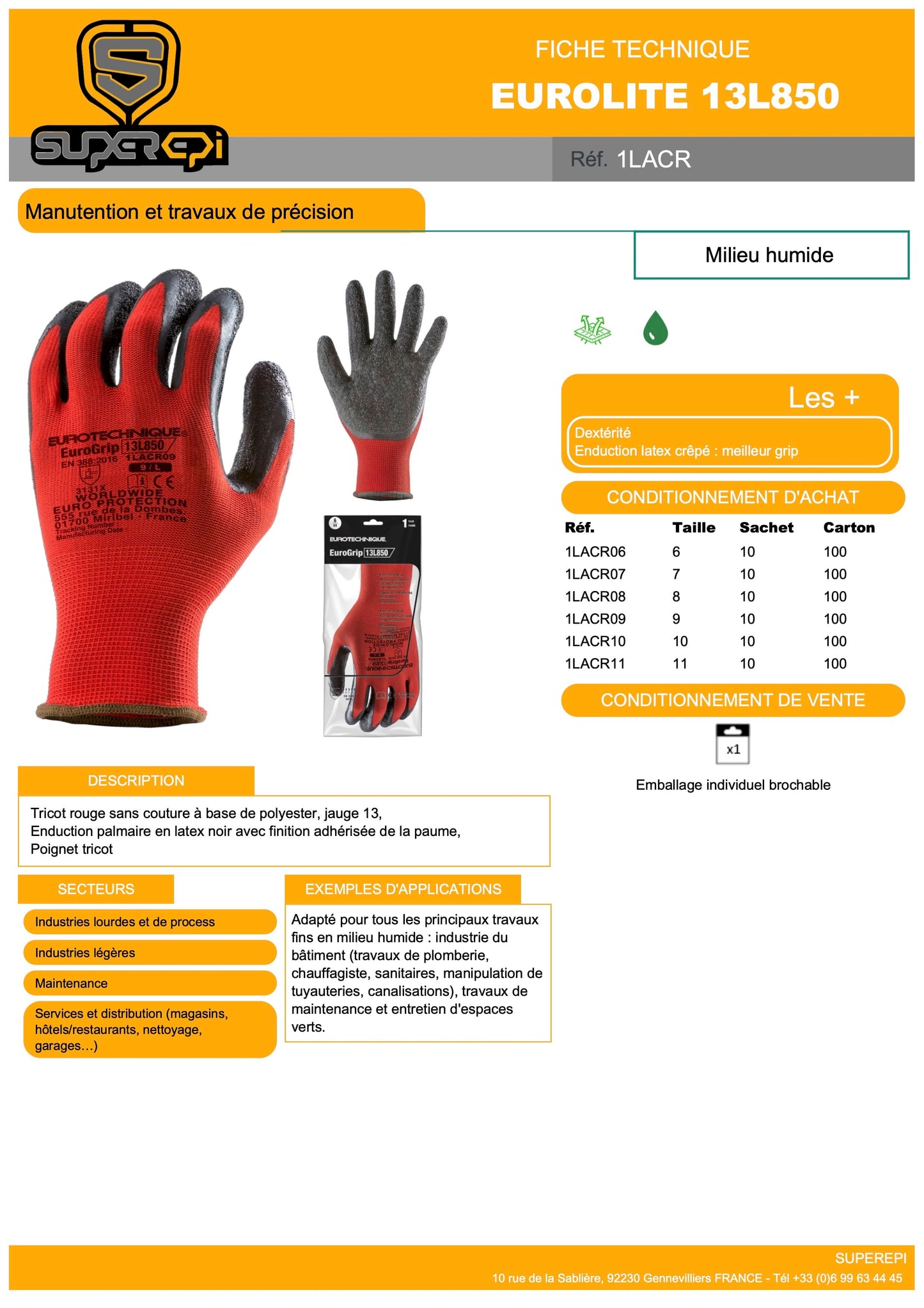 Les Gants EUROLITE 13L850 sont parfaits pour la manutention et les travaux de précision dans les milieux humides. Le tricot sans couture à base de polyester avec une jauge de 13 assure une excellente dextérité et un grand confort de port. L'enduction palmaire en latex noir avec une finition adhérisée sur la paume procure un grip amélioré pour une meilleure adhérence.