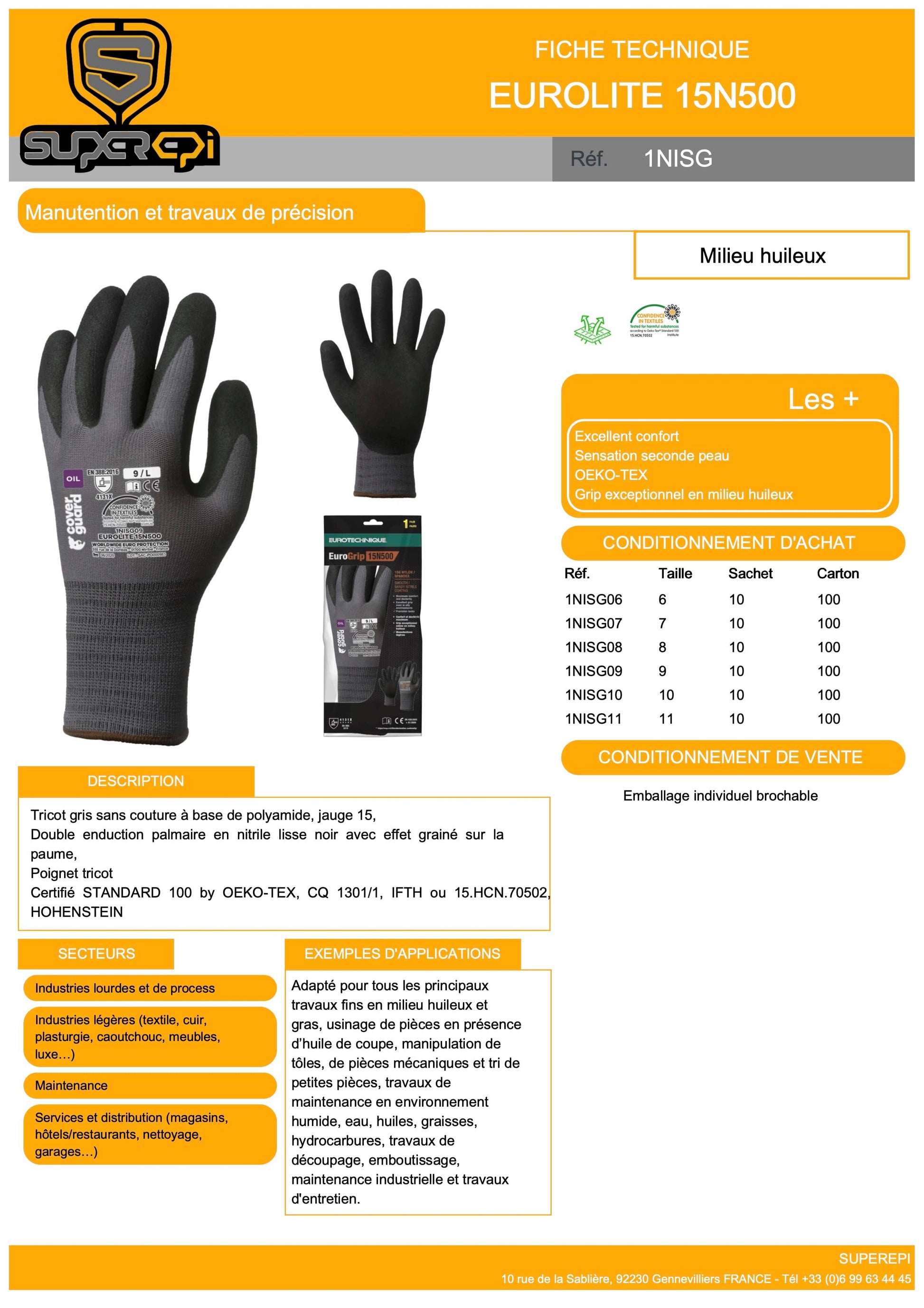 Protégez vos mains lors de vos travaux de précision avec ce pack de 10 gants EUROLITE 15N500. Ces gants offrent un excellent confort et une sensation seconde peau grâce à leur tricot sans couture en polyamide. Avec leur double enduction palmaire en nitrile lisse noir avec effet grainé sur la paume, ils vous garantissent un grip exceptionnel en milieu huileux. 