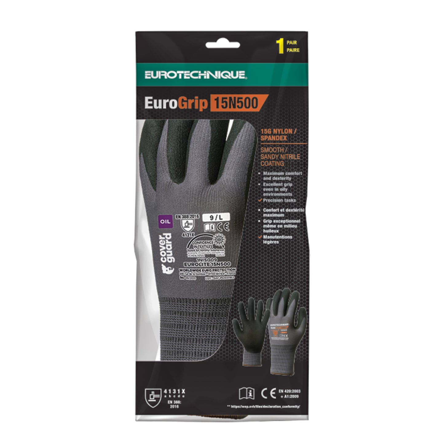 Protégez vos mains lors de vos travaux de précision avec ce pack de 10 gants EUROLITE 15N500. Ces gants offrent un excellent confort et une sensation seconde peau grâce à leur tricot sans couture en polyamide. Avec leur double enduction palmaire en nitrile lisse noir avec effet grainé sur la paume, ils vous garantissent un grip exceptionnel en milieu huileux. 