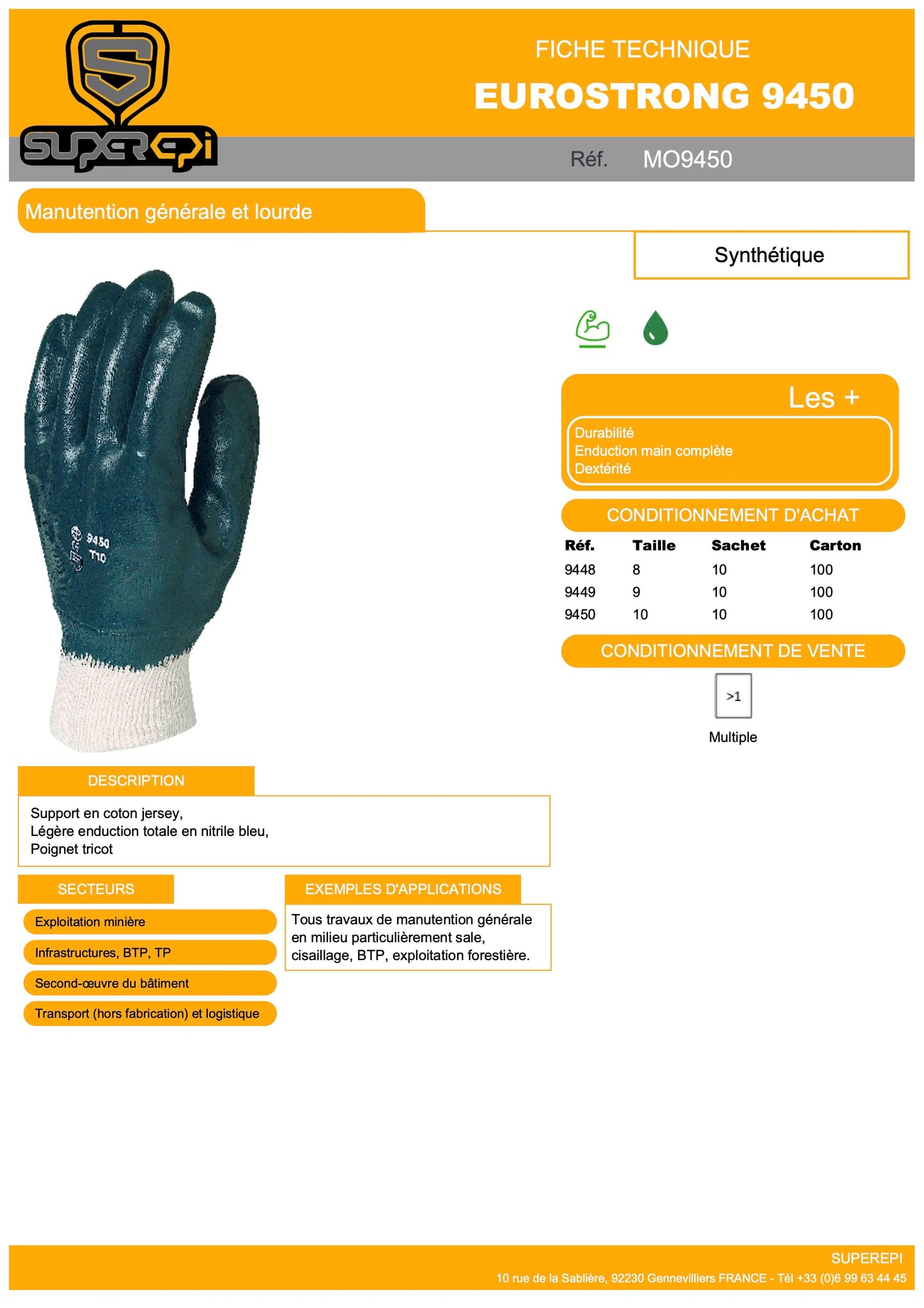 Ces gants sont conçus pour la manutention générale et lourde dans des environnements difficiles. Le support en coton jersey garantit une grande durabilité, tandis que l'enduction totale en nitrile bleu offre une excellente protection contre les agents chimiques et l'usure. Le poignet tricoté assure un maintien confortable et sécurisé.