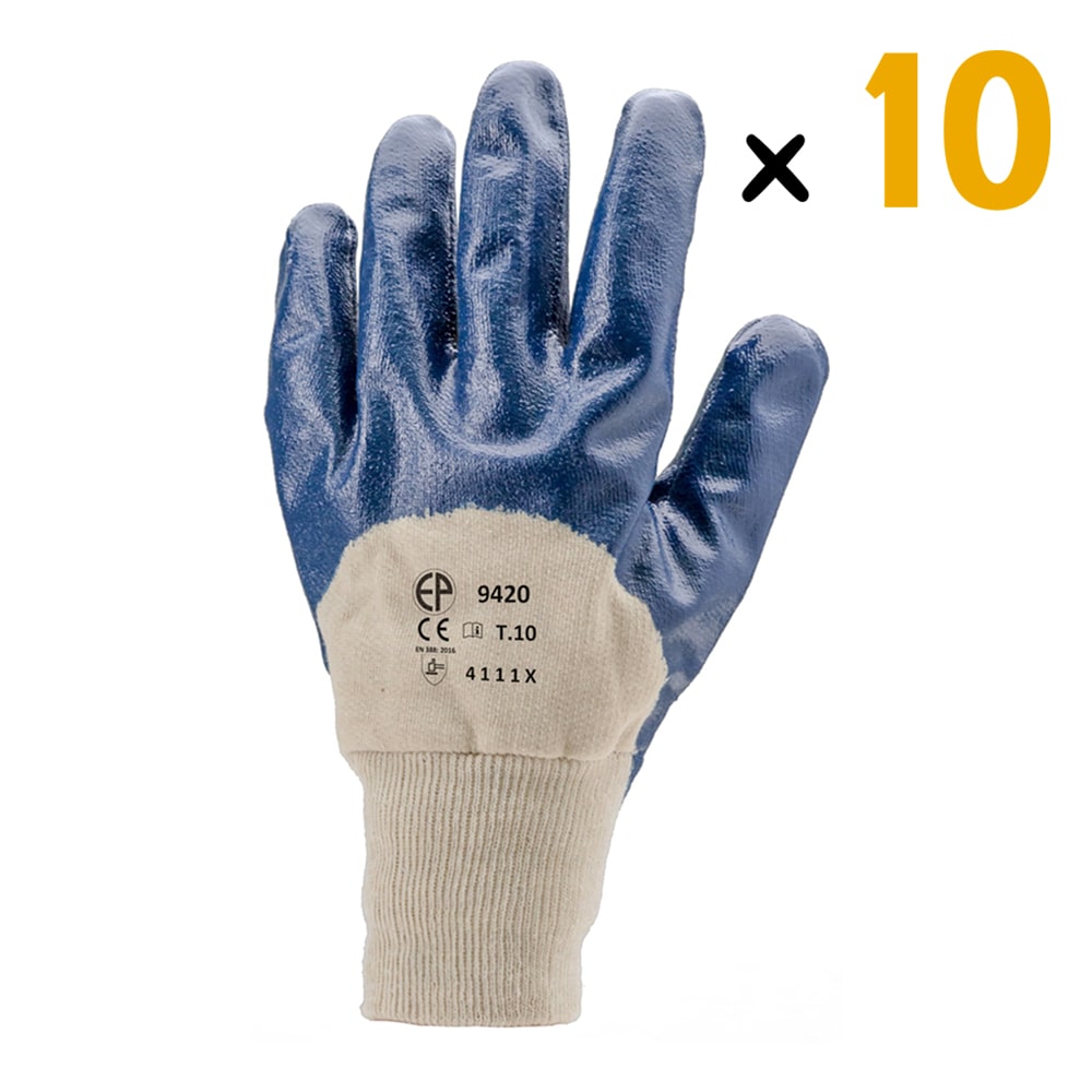 Les gants EUROSTRONG 9420 sont des gants de travail de qualité à un prix abordable. Leur support en coton jersey et leur dos aéré assurent un confort optimal pour une utilisation prolongée. Leur enduction légère 3/4 en nitrile bleu avec double trempe offre une bonne résistance à l'abrasion et une excellente adhérence pour une meilleure dextérité. Les poignets tricotés permettent un ajustement confortable et sûr.