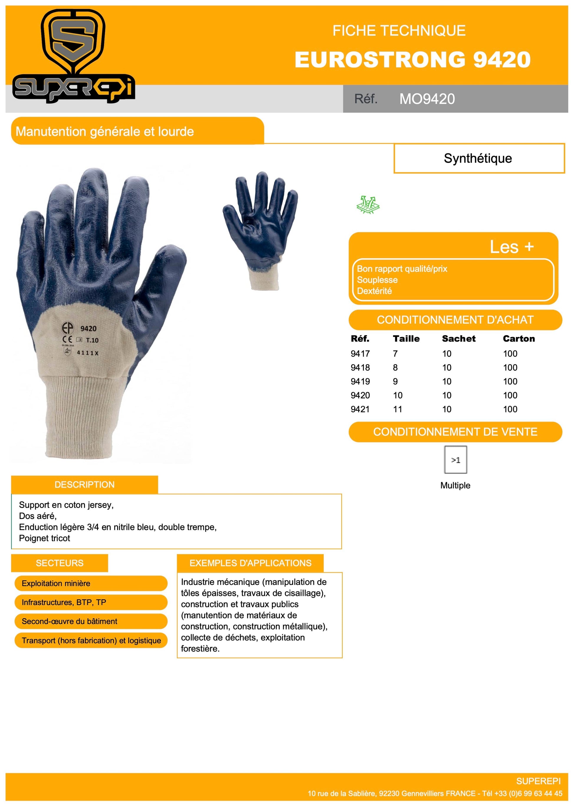 Les gants EUROSTRONG 9420 sont des gants de travail de qualité à un prix abordable. Leur support en coton jersey et leur dos aéré assurent un confort optimal pour une utilisation prolongée. Leur enduction légère 3/4 en nitrile bleu avec double trempe offre une bonne résistance à l'abrasion et une excellente adhérence pour une meilleure dextérité. Les poignets tricotés permettent un ajustement confortable et sûr.