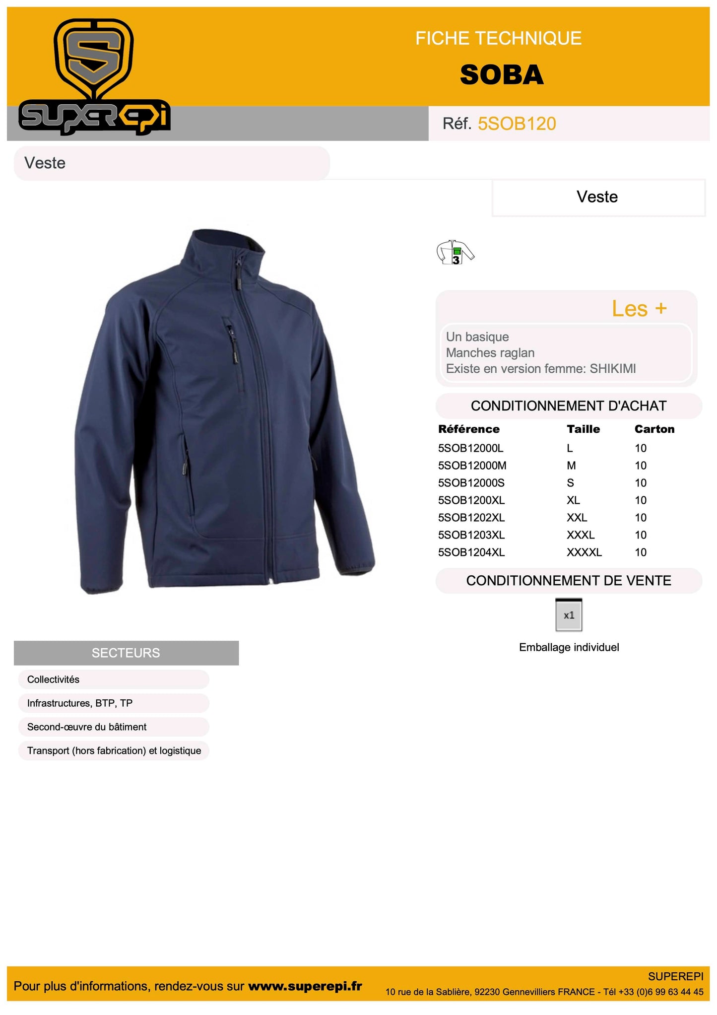 La veste Softshell SOBA est un vêtement de travail pour les professionnels des secteurs industriels tels que les collectivités, le BTP, les travaux publics et la logistique. Elle est fabriquée en trois couches avec une membrane TPU et une doublure en polaire, offrant une imperméabilité de 2 000mm et une respirabilité de 600 g/m2/24h. 