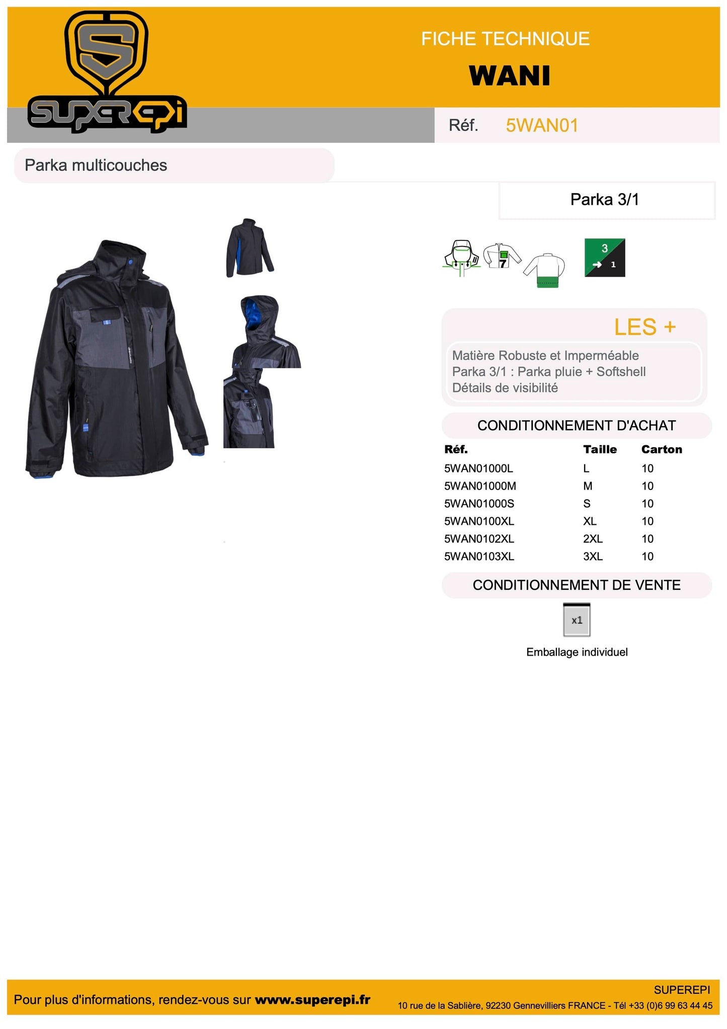 Il s'agit d'une parka WANI 300g/m2 de couleur marine avec une couche extérieure en polyester enduit PVC de 280g/m2 et une doublure en mesh en polyester de 70g/m2 pour le corps.