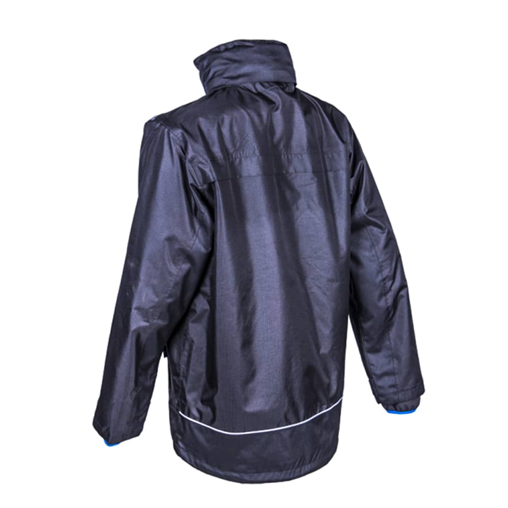 Il s'agit d'une parka WANI 300g/m2 de couleur marine avec une couche extérieure en polyester enduit PVC de 280g/m2 et une doublure en mesh en polyester de 70g/m2 pour le corps.