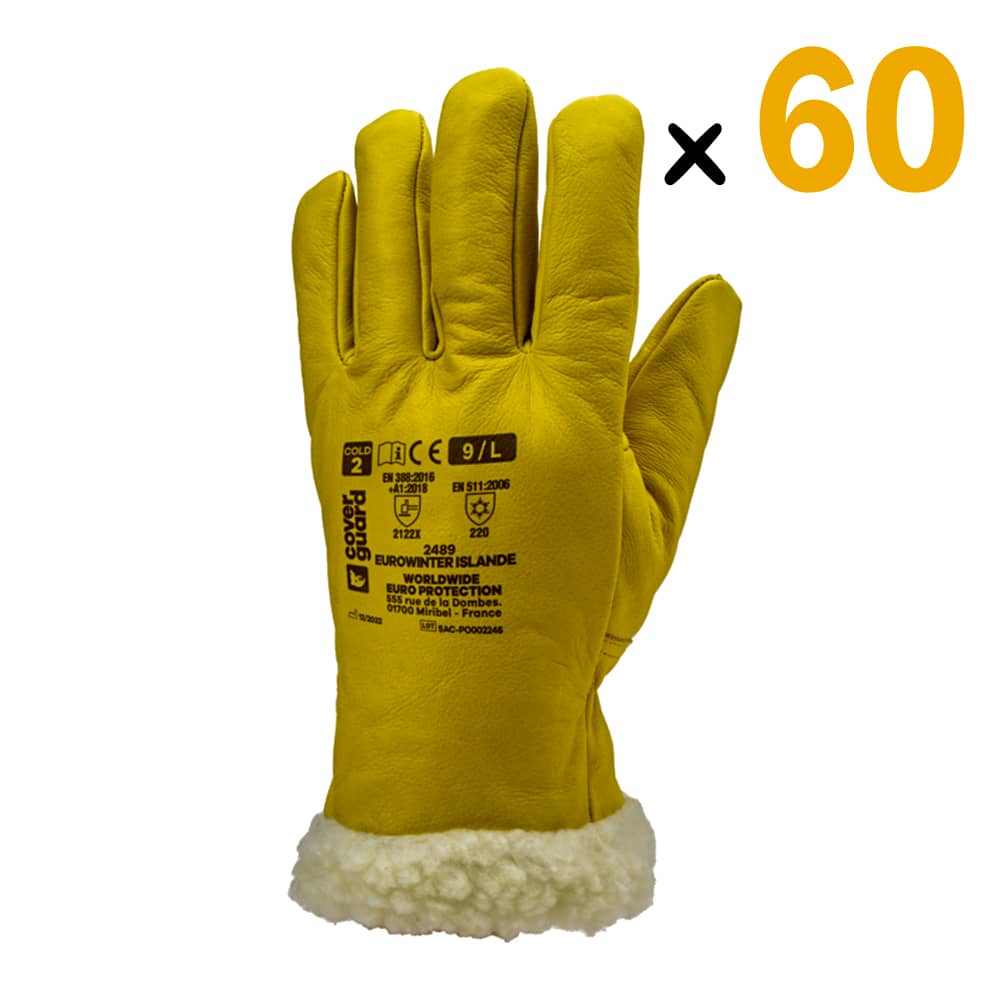 Le pack de 60 gants EUROWINTER ISLANDE est une solution idéale pour ceux qui travaillent dans des environnements froids et nécessitent une protection thermique. Les gants sont fabriqués en cuir de vachette pleine fleur jaune, avec une doublure en fourrure synthétique en polyamide pour une isolation maximale. Les gants ont un élastique de serrage sur la paume pour un ajustement confortable et sécurisé, ainsi qu'une manchette de sécurité pour une protection supplémentaire.