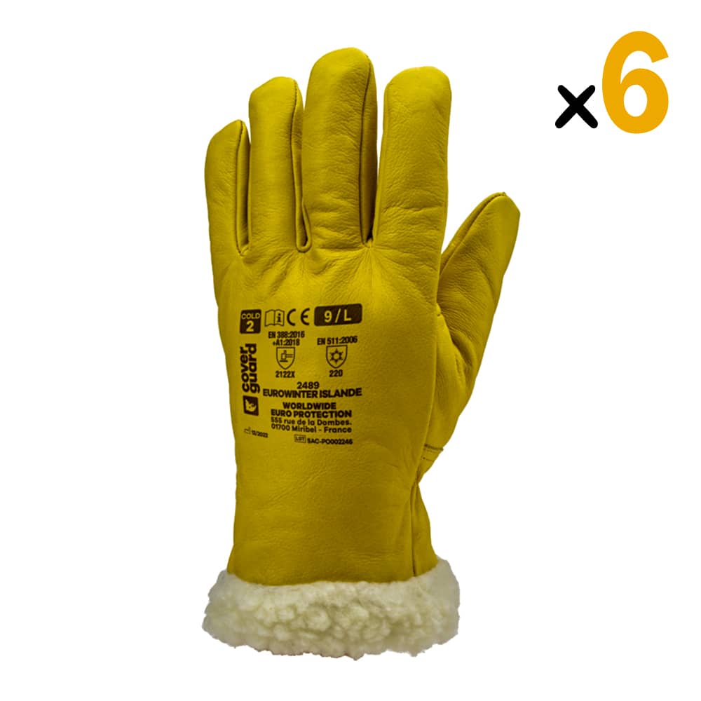 Le pack de 6 gants Eurowinter Islande est parfait pour ceux qui travaillent dans des environnements froids et nécessitent une protection thermique fiable. Ces gants sont fabriqués en cuir de vachette pleine fleur jaune de haute qualité, associé à une fourrure synthétique en polyamide pour offrir une isolation supplémentaire.